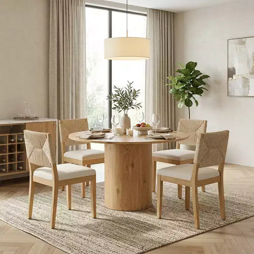 5-Piece Round Dining Table Set for 4, Pedestal Dining Table with Woven Back Solid Wood Chairs, Modern Kitchen & Dining Room Furniture-Panipeachy