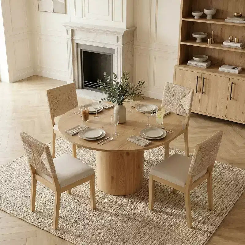 Set da pranzo rotondo a 5 pezzi per 4 persone, tavolo da pranzo con piedistallo e sedie in legno massello con schienale intrecciato, mobili moderni per cucina e sala da pranzo-Panipeachy