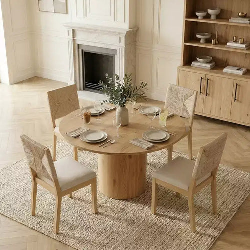 Set da pranzo rotondo a 5 pezzi per 4 persone, tavolo da pranzo con piedistallo e sedie in legno massello con schienale intrecciato, mobili moderni per cucina e sala da pranzo-Panipeachy