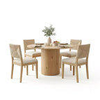 Set da pranzo rotondo a 5 pezzi per 4 persone, tavolo da pranzo con piedistallo e sedie in legno massello con schienale intrecciato, mobili moderni per cucina e sala da pranzo-Panipeachy