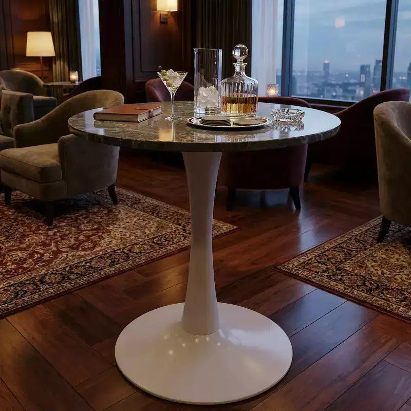 JVNOXK 27.6 Mid-Century Modern Round Coffee Table, White Pedestal with Dark Gray Veined Marble-Effect Top