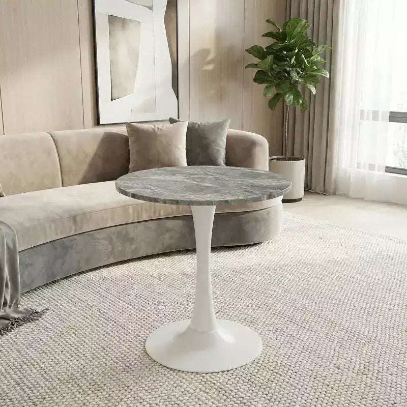 JVNOXK 27.6 Tavolino da Caffè Rotondo Moderno di Metà Secolo, Base Bianca con Piano Effetto Marmo Venato Grigio Scuro