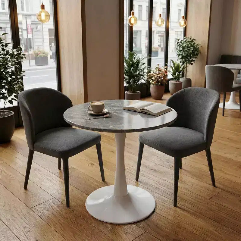 JVNOXK 27.6 Tavolino da Caffè Rotondo Moderno di Metà Secolo, Base Bianca con Piano Effetto Marmo Venato Grigio Scuro