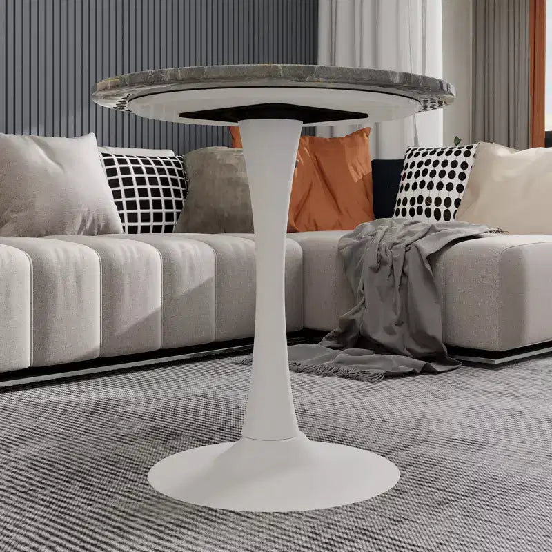 JVNOXK 27.6 Tavolino da Caffè Rotondo Moderno di Metà Secolo, Base Bianca con Piano Effetto Marmo Venato Grigio Scuro