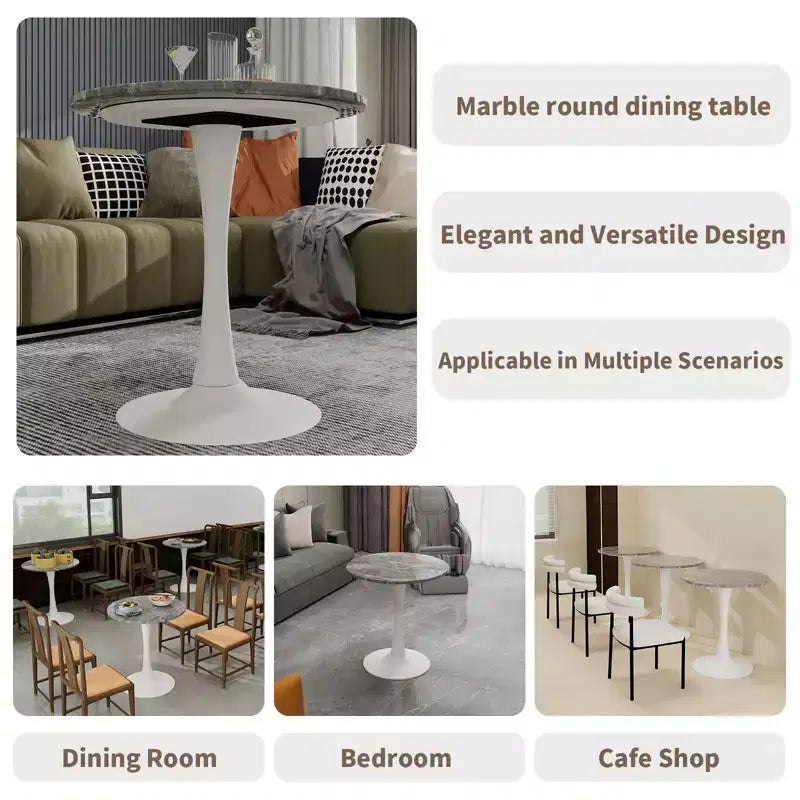 JVNOXK 27.6 Tavolino da Caffè Rotondo Moderno di Metà Secolo, Base Bianca con Piano Effetto Marmo Venato Grigio Scuro