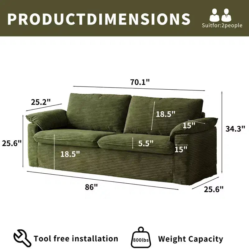 Dyonery 70 Loveseat Divano a due posti in velluto a coste, divano a due posti moderno, divano sfoderabile con seduta profonda, 2 ampi cuscini bracciolo e schienale morbido