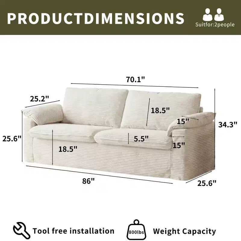 Dyonery 70 Loveseat Divano a due posti in velluto a coste, divano a due posti moderno, divano sfoderabile con seduta profonda, 2 ampi cuscini bracciolo e schienale morbido