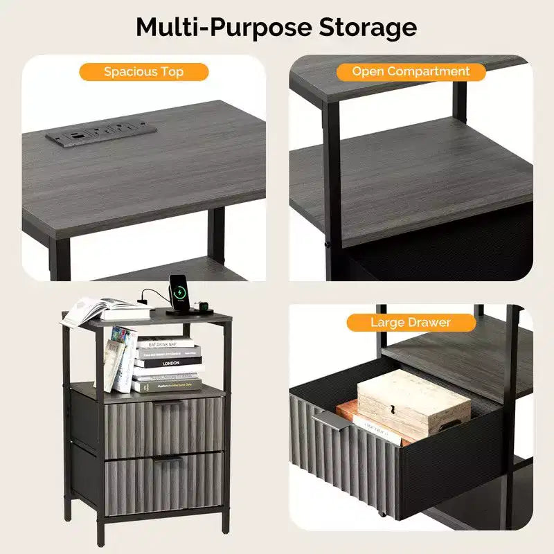 Comodino Karl Home largo 38 cm - 2 cassetti, 1 ripiano, presa di corrente USA - set da 2