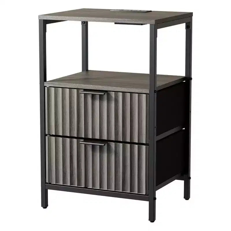 Comodino Karl Home largo 38 cm - 2 cassetti, 1 ripiano, presa di corrente USA - set da 2