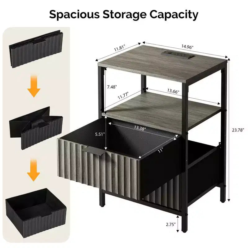 Comodino Karl Home largo 38 cm - 2 cassetti, 1 ripiano, presa di corrente USA - set da 2