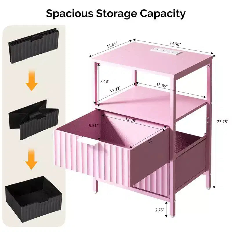 Table de chevet Karl Home de 38 cm de large - 2 tiroirs, 1 étagère, prise américaine