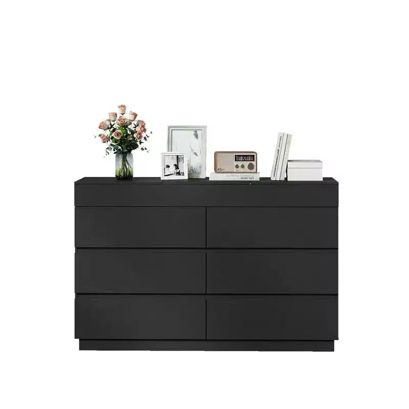 Comò Karl Home nero goffrato a 6 cassetti con specchio in truciolato P2 da 12 mm con melamina larg. 120 cm