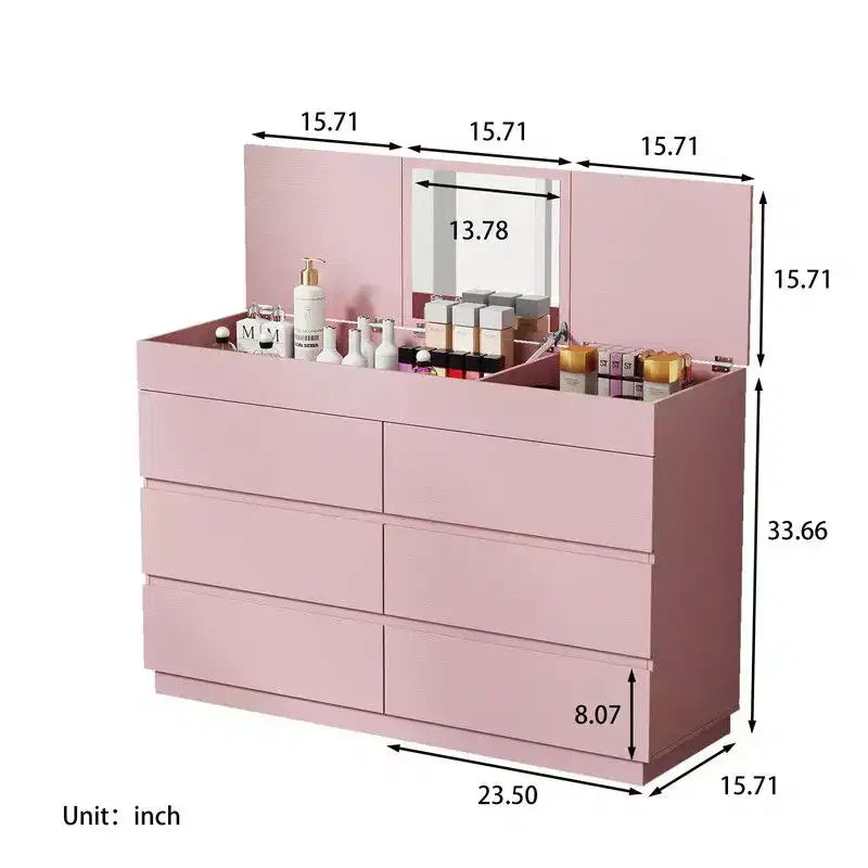 Cassettiera a 6 cassetti goffrata rosa Karl Home con specchio in truciolato da 12 mm con melamina larghezza 120 cm