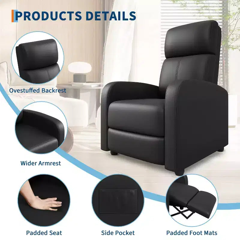39.8 Poltrona Reclinabile per Adulti, Recliner Regolabile in Pelle PU con Schienale Alto, Tasca Laterale, Seduta Imbottita per Soggiorno e Home Theater