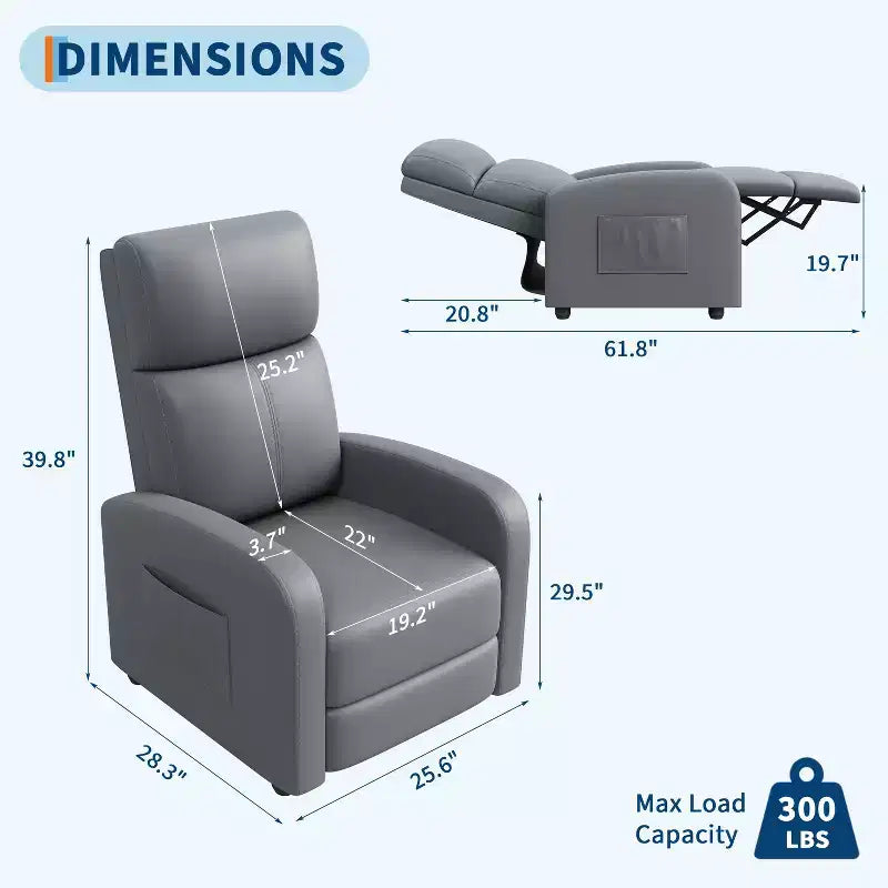 39.8 Poltrona Reclinabile per Adulti, Recliner Regolabile in Pelle PU con Schienale Alto, Tasca Laterale, Seduta Imbottita per Soggiorno e Home Theater