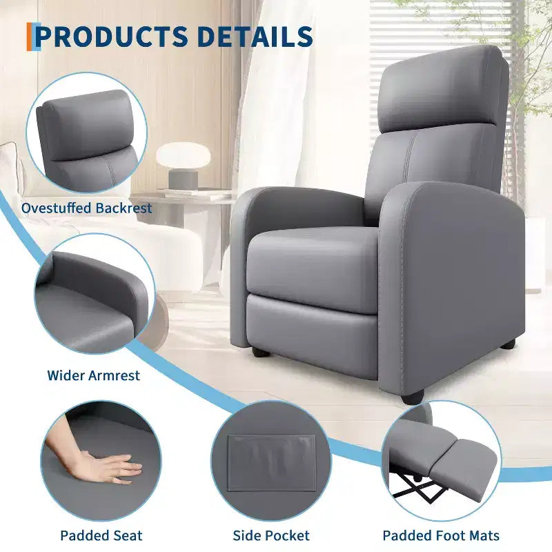 39.8 Poltrona Reclinabile per Adulti, Recliner Regolabile in Pelle PU con Schienale Alto, Tasca Laterale, Seduta Imbottita per Soggiorno e Home Theater