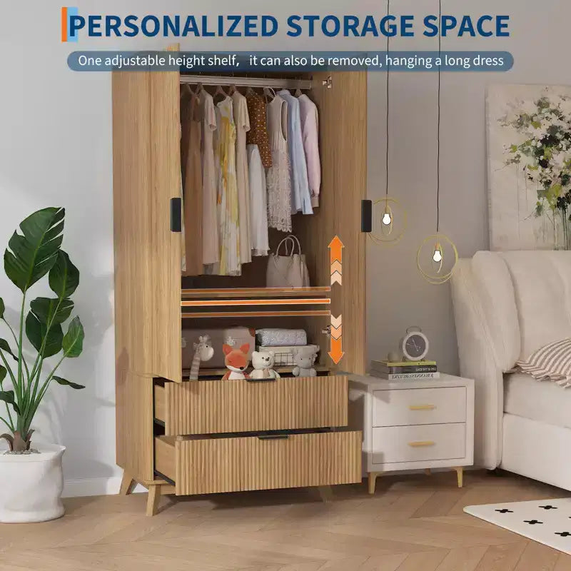 Armadio con ante scanalate, armadio in legno da 180 cm con 2 ante, 2 cassetti, ripiano regolabile e bastone appendiabiti, mobile contenitore per vestiti