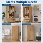 Armadio con ante scanalate, armadio in legno da 180 cm con 2 ante, 2 cassetti, ripiano regolabile e bastone appendiabiti, mobile contenitore per vestiti