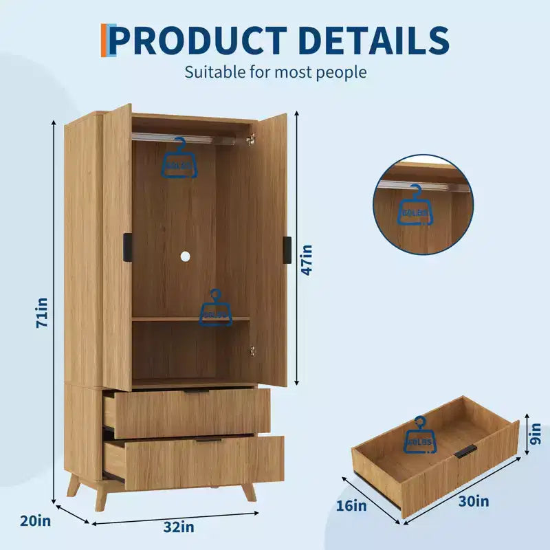 Armadio con ante scanalate, armadio in legno da 180 cm con 2 ante, 2 cassetti, ripiano regolabile e bastone appendiabiti, mobile contenitore per vestiti