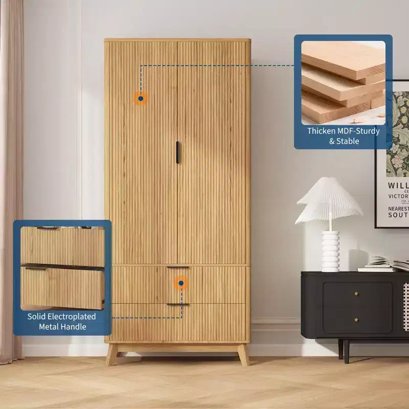 Armadio con ante scanalate, armadio in legno da 180 cm con 2 ante, 2 cassetti, ripiano regolabile e bastone appendiabiti, mobile contenitore per vestiti