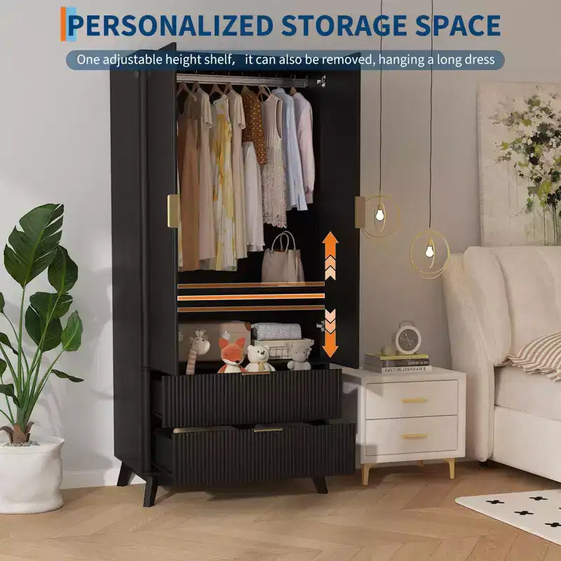 Armadio con ante scanalate, armadio in legno da 180 cm con 2 ante, 2 cassetti, ripiano regolabile e bastone appendiabiti, mobile contenitore per vestiti