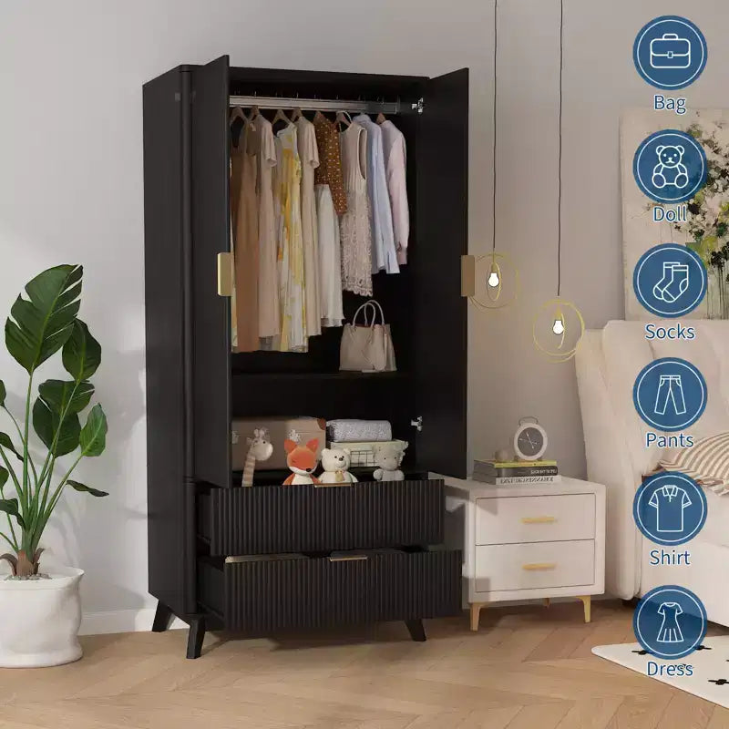 Armadio con ante scanalate, armadio in legno da 180 cm con 2 ante, 2 cassetti, ripiano regolabile e bastone appendiabiti, mobile contenitore per vestiti
