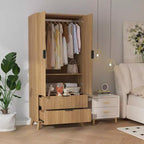 Armadio con ante scanalate, armadio in legno da 180 cm con 2 ante, 2 cassetti, ripiano regolabile e bastone appendiabiti, mobile contenitore per vestiti