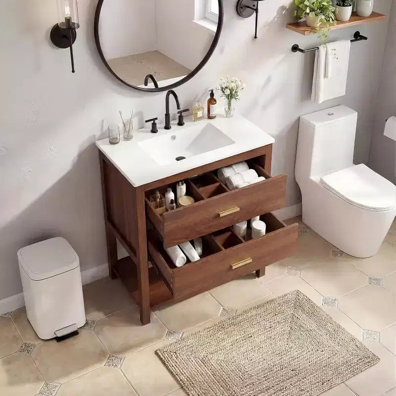 36 Mobile Bagno Rustico con Lavabo Mobiletto da Bagno a Terra in Noce con 2 Cassetti, Ripiano Aperto e Maniglie, Facile da Montare
