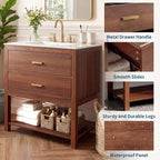 36 Mobile Bagno Rustico con Lavabo Mobiletto da Bagno a Terra in Noce con 2 Cassetti, Ripiano Aperto e Maniglie, Facile da Montare