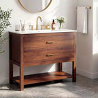 36 Mobile Bagno Rustico con Lavabo Mobiletto da Bagno a Terra in Noce con 2 Cassetti, Ripiano Aperto e Maniglie, Facile da Montare