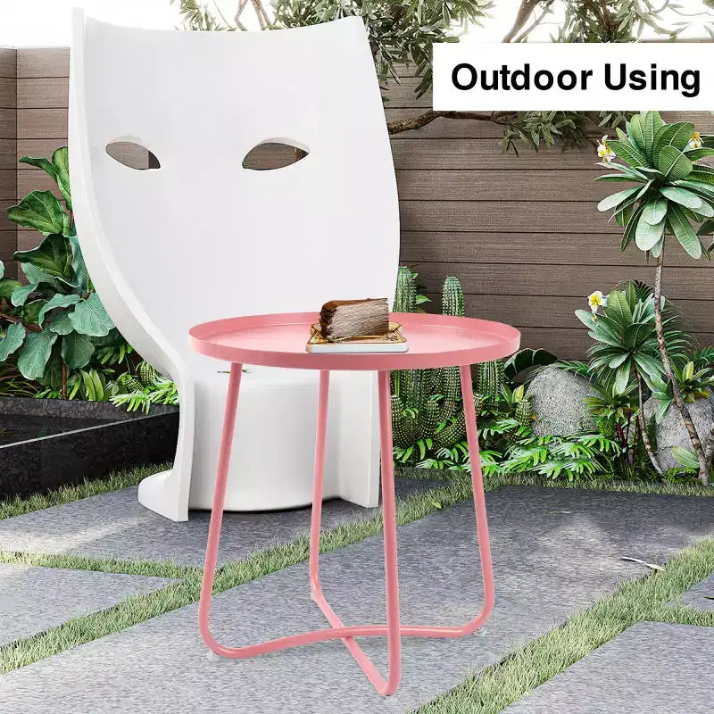 AEELLEEA Tavolino Rotondo Moderno da Esterno Piccolo Tavolino da Caffè e Snack in Metallo per Soggiorno, Camera da Letto, Patio, Giardino, Portico, Balcone (Rosa)