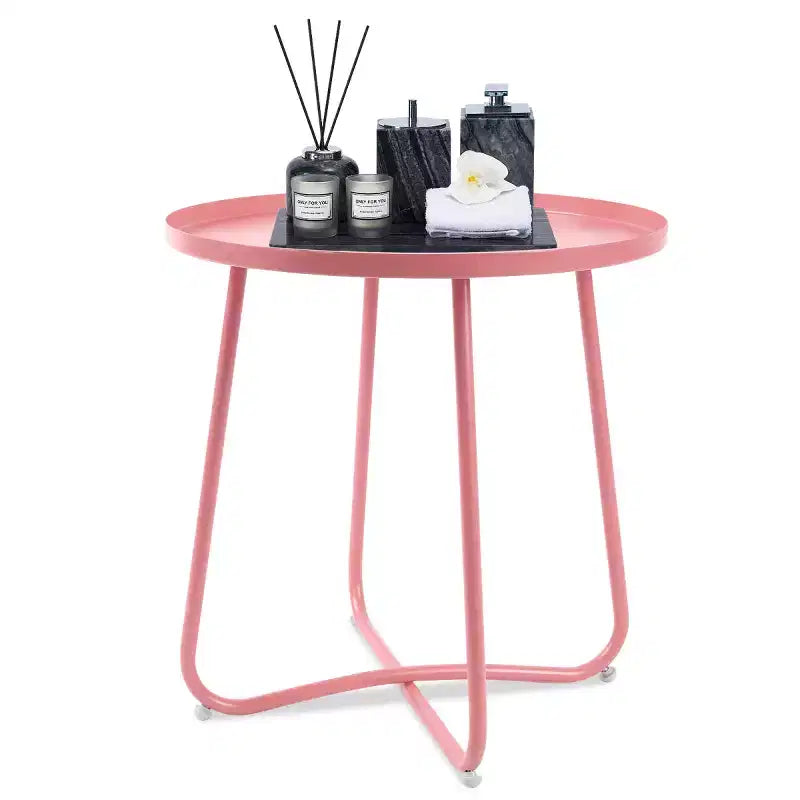AEELLEEA Tavolino Rotondo Moderno da Esterno Piccolo Tavolino da Caffè e Snack in Metallo per Soggiorno, Camera da Letto, Patio, Giardino, Portico, Balcone (Rosa)