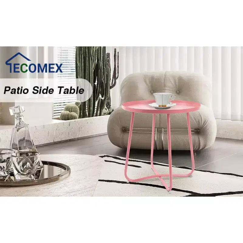 AEELLEEA Tavolino Rotondo Moderno da Esterno Piccolo Tavolino da Caffè e Snack in Metallo per Soggiorno, Camera da Letto, Patio, Giardino, Portico, Balcone (Rosa)
