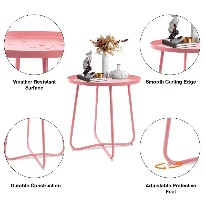 AEELLEEA Tavolino Rotondo Moderno da Esterno Piccolo Tavolino da Caffè e Snack in Metallo per Soggiorno, Camera da Letto, Patio, Giardino, Portico, Balcone (Rosa)