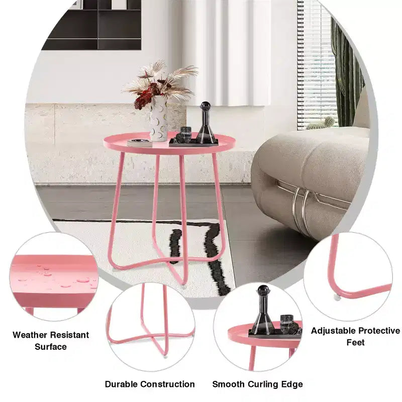 AEELLEEA Tavolino Rotondo Moderno da Esterno Piccolo Tavolino da Caffè e Snack in Metallo per Soggiorno, Camera da Letto, Patio, Giardino, Portico, Balcone (Rosa)