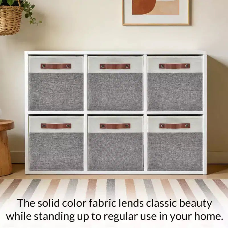 6 scatole portaoggetti pieghevoli in tessuto di lino con maniglie in pelle, cesti organizer cubici con base rimovibile doppia per armadio e asilo nido, 33x33x33 cm