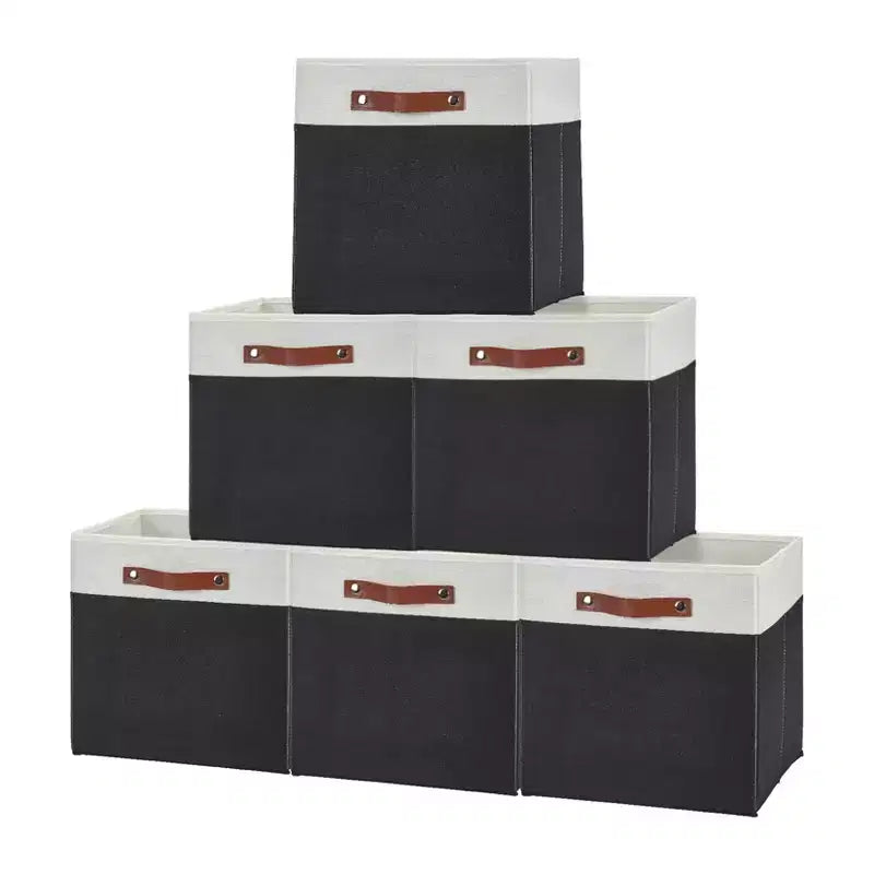 6 Pack Foldable Linen Fabric Storage Bins with Leather Handles, Cube Organizer Baskets with Removable Base Dual for Closet Nursery,13x13x13inch