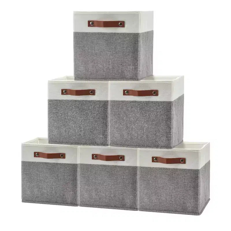 6 scatole portaoggetti pieghevoli in tessuto di lino con maniglie in pelle, cesti organizer cubici con base rimovibile doppia per armadio e asilo nido, 33x33x33 cm