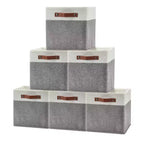 6 scatole portaoggetti pieghevoli in tessuto di lino con maniglie in pelle, cesti organizer cubici con base rimovibile doppia per armadio e asilo nido, 33x33x33 cm