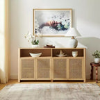 JVNOXK 63-inch Mid-Century Modern Rattan Sideboard with Storage, Natural-Toned Media Cabinet and Coffee Bar, for the Living Room