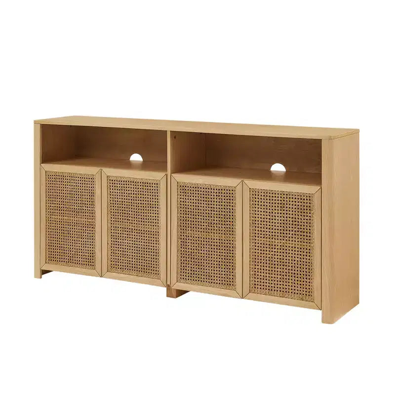 JVNOXK Credenza in rattan di metà secolo da 63 pollici con contenitore, mobile TV e coffee bar color naturale, per il soggiorno