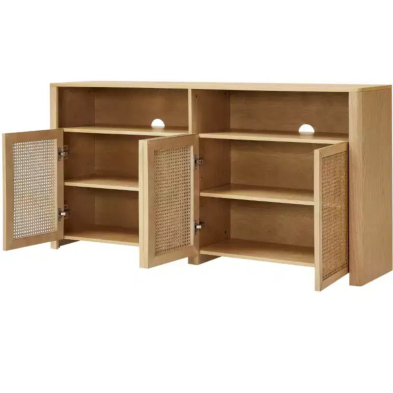 JVNOXK Credenza in rattan di metà secolo da 63 pollici con contenitore, mobile TV e coffee bar color naturale, per il soggiorno