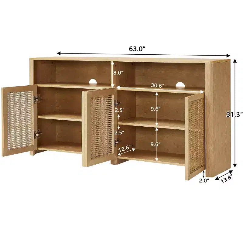 JVNOXK Credenza in rattan di metà secolo da 63 pollici con contenitore, mobile TV e coffee bar color naturale, per il soggiorno
