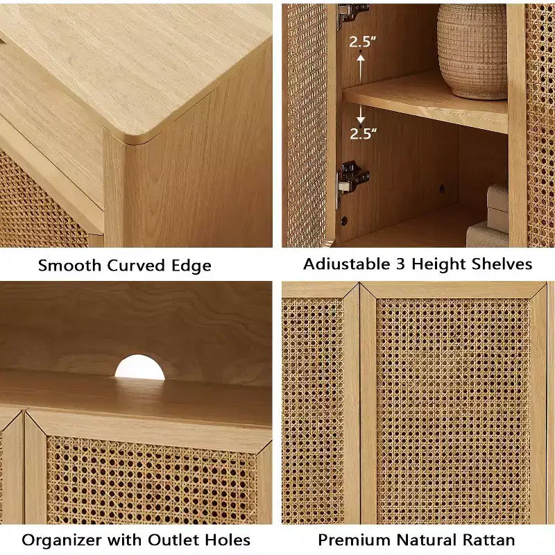 JVNOXK Credenza in rattan di metà secolo da 63 pollici con contenitore, mobile TV e coffee bar color naturale, per il soggiorno