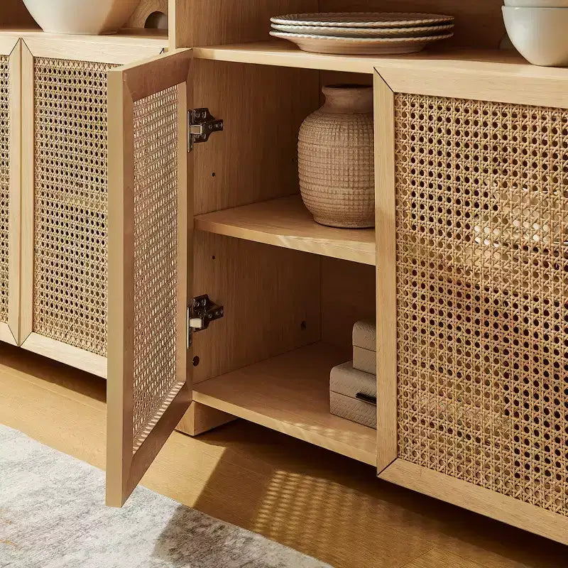 JVNOXK Credenza in rattan di metà secolo da 63 pollici con contenitore, mobile TV e coffee bar color naturale, per il soggiorno