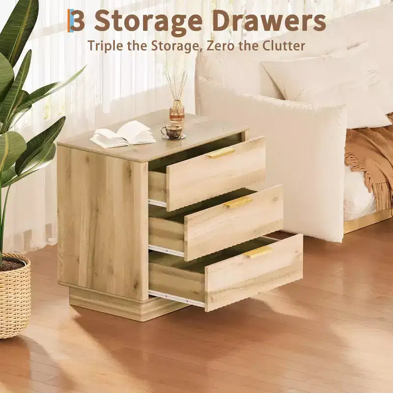 Comodino con 3 cassetti scanalati in legno, 60 cm di larghezza, stile moderno di metà secolo, comodino con contenitore, tavolino laterale con maniglie in metallo per camera da letto e soggiorno