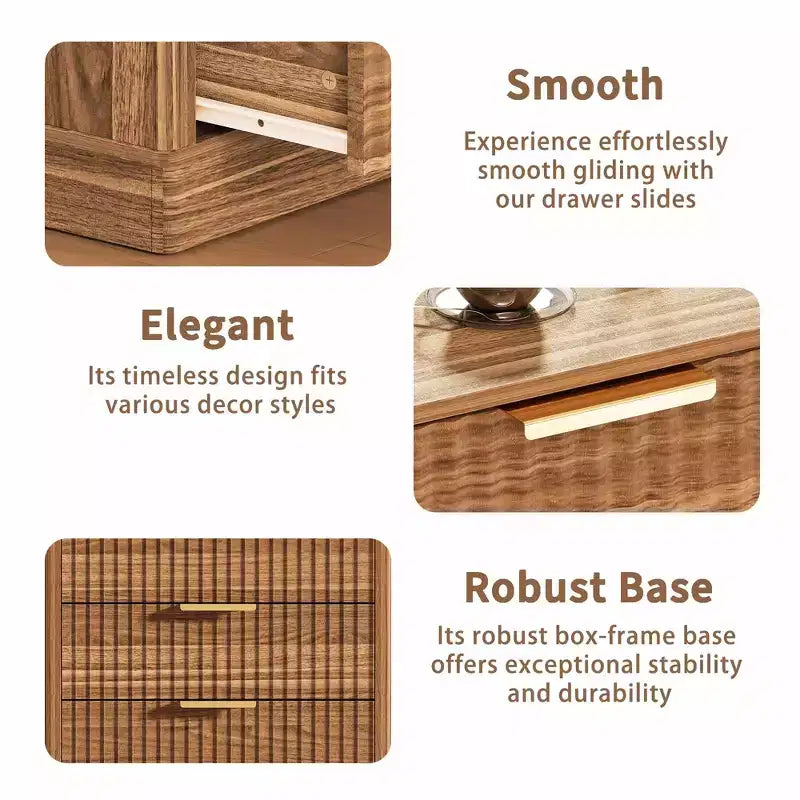 Comodino con 3 cassetti scanalati in legno, 60 cm di larghezza, stile moderno di metà secolo, comodino con contenitore, tavolino laterale con maniglie in metallo per camera da letto e soggiorno
