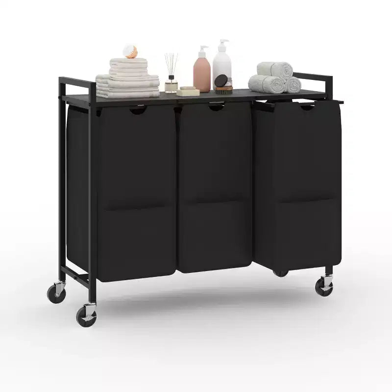 Portabiancheria con Ruote e Sacchi Rimovibili, Carrello Portabiancheria a 3 Scomparti con Ripiano per Camera da Letto Bagno Dormitorio, Cesto Portabiancheria Salvaspazio