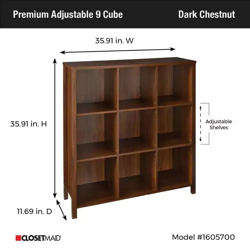 ClosetMaid Mensola Regolabile a 9 Cubi in Legno, Scaffale per Cameretta, Libreria per Organizzazione Casa, Castagno Scuro