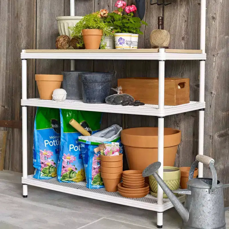 Design Ideas MeshWorks Scaffale in metallo multiuso con ripiani in legno per garage e cucina, 35,4 x 17,7 x 63, bianco